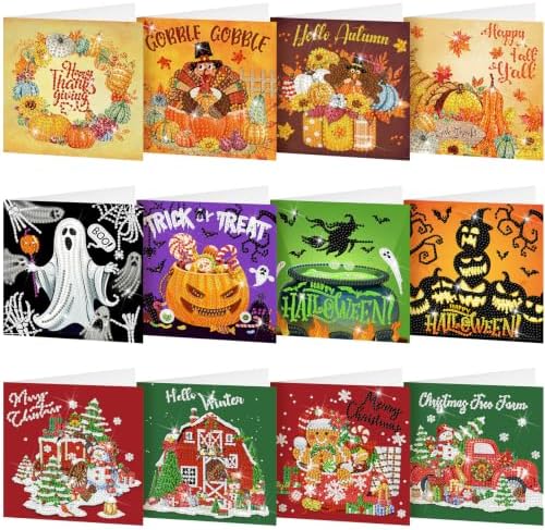 Saillong 12 Pack Fall Diamond Painting Greeting Cards Kits DIY Holiday Diamond Art Cards with Envelopes Halloween Christmas 5D Rhinestones Painting Making Kit for Adult DIY Crafts Party Favors Gifts by Saillong