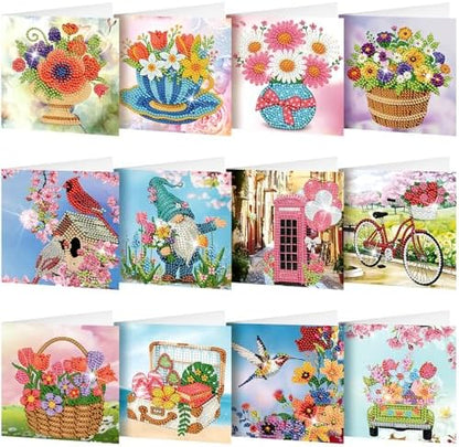 Saillong 12 Pack Flower Diamond Painting Greeting Card Kits DIY Pastel Floral Gnome Diamond Art Cards with Envelopes Flower 5d Rhinestones Paint Card for Adults DIY Craft Family Friend Birthday Gifts by Saillong
