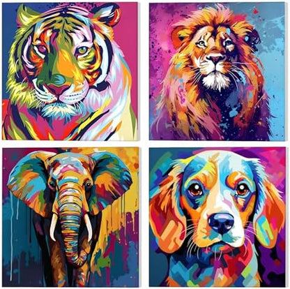 GHHKUD 4 Pack Framed Paint by Numbers Colorful Animals for Adults Beginners, DIY Tiger Lion Painting by Numbers Elephant Dog with Wooden Frame, Art on Canvas Gifts Home Wall Decor 8x8in by GHHKUD