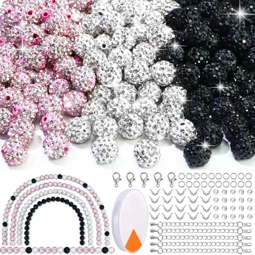 Dowarm 255PCS 10mm Rhinestone Beads for Baseball Rhinestone Necklace Bracelet Jewelry Making, Round Polymer Clay Beads for Crafts Beaded Pen, Shamballa Pave Disco Diamond Bead, Pink|White|Black by Dowarm