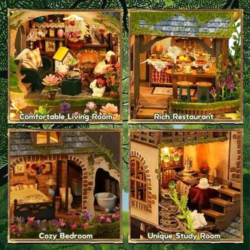 DIY Miniature House Kit, Victorian Dollhouse Kit, 3D Wooden Puzzles Bookshelf Craft Kits, Mini Doll House Building Kit for Adults Teen(Forest Cottage) - Image 4