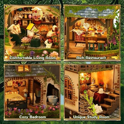 DIY Miniature House Kit, Victorian Dollhouse Kit, 3D Wooden Puzzles Bookshelf Craft Kits, Mini Doll House Building Kit for Adults Teen(Forest Cottage) - Image 4