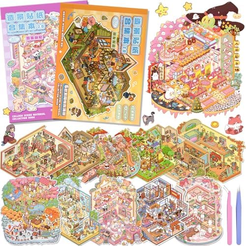 ASTARON 12 Sets DIY Large Size Sticker Scene Book,Make Own Shop Room by ASTARON