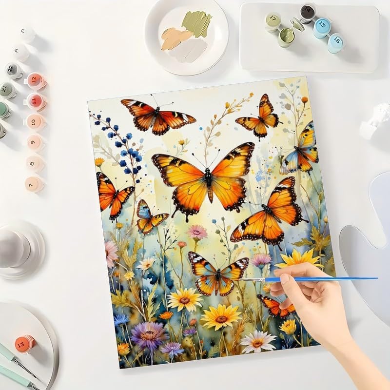 Floral Paint by Numbers Kit for Adults - DIY Orange Butterflies and Wildflowers Painting on Canvas 16x20 Inches, Acrylic Paint Set, Suitable for Beginners, Art for Home Decoration or Gifts - Image 3