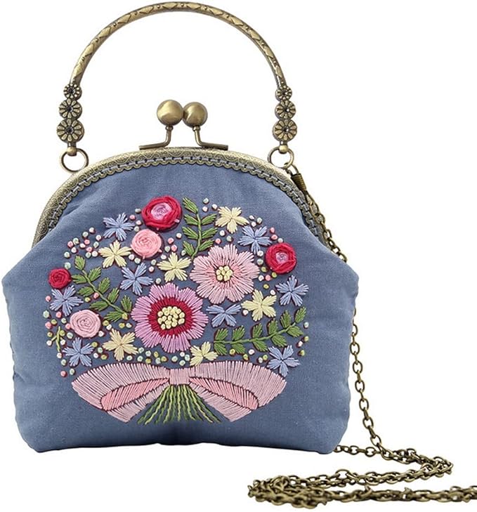 Easy Embroidery DIY Bags Purse Wallet Handbag Blue Bouquet Handmade Embroidered Handbag Crossbody