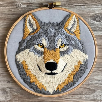 DIY Punch Needle Kits Cartoon Grey Wolf Head with Hoop 20x20cm-4 by Unknown