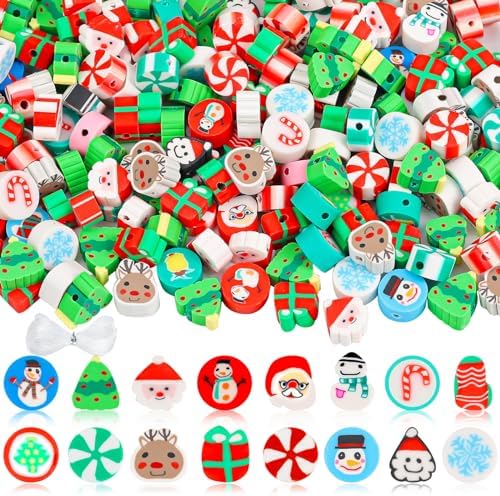 200 Christmas Polymer Clay Beads Charms for Making Bracelets, 10mm Cute Flat Spacer Clay Heishi Christmas Beads for Women Jewelry Making DIY by Gushu