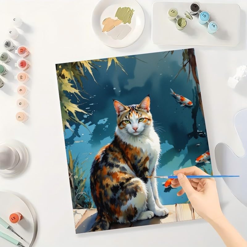 TAOPAOLAB Calico Cat Paint by Numbers Kit for Adults - DIY Calico Cat by Koi Pond Painting on Canvas 16x20 Inch, Acrylic Paint Set, Suitable for Beginners, Animal Art for Home Decoration or Gifts - Image 3