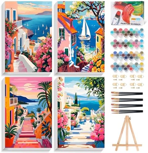 4 Pack Paint by Numbers Kit for Adults with Frame, Seaside Town Landscape by Okarina