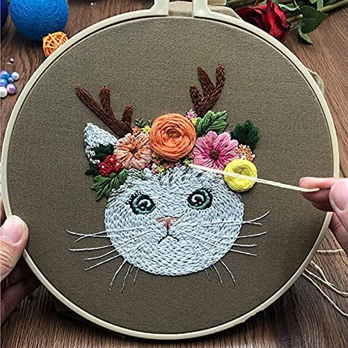 Mozzyyee Embroidery Starter kit, DIY Adult Beginner Embroidery Kits, Including Cloth with Cat Patterns, Colored Threads, Needles, Hoops and Instructions (Gray) - Image 2
