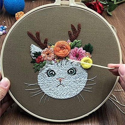 Mozzyyee Embroidery Starter kit, DIY Adult Beginner Embroidery Kits, Including Cloth with Cat Patterns, Colored Threads, Needles, Hoops and Instructions (Gray) - Image 2