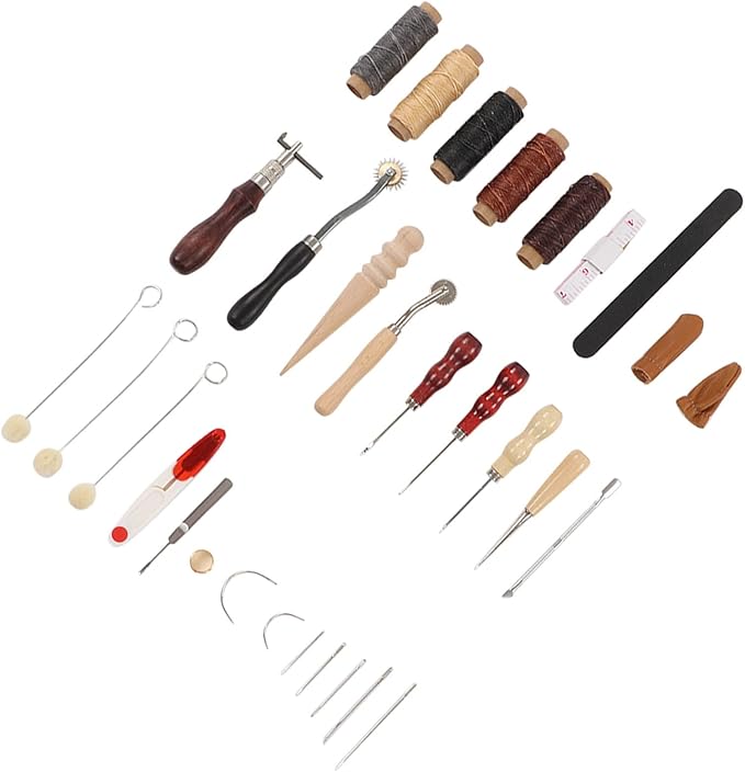 Leather Sewing Kit, Leather Working Tools, Premium DIY Leather Craft Set with Wax Threads Needle Finger Cots Sanding Stick, Stainless Steel Leather Tools for Beginners Professional