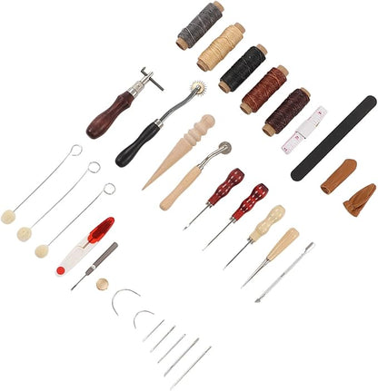 Leather Sewing Kit, Leather Working Tools, Premium DIY Leather Craft Set with Wax Threads Needle Finger Cots Sanding Stick, Stainless Steel Leather Tools for Beginners Professional