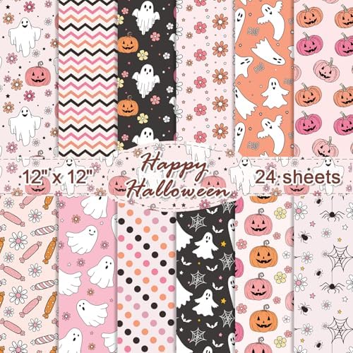 24 Sheets Halloween Pattern Paper Set, 11.8"x11.8" Halloween Scrapbooking Supplies Paper Pumpkin Ghost Spider Plaid Stripe Dot Origami Paper - 12 Styles by sorkwo