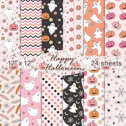 24 Sheets Halloween Pattern Paper Set, 11.8"x11.8" Halloween Scrapbooking Supplies Paper Pumpkin Ghost Spider Plaid Stripe Dot Origami Paper - 12 Styles by sorkwo