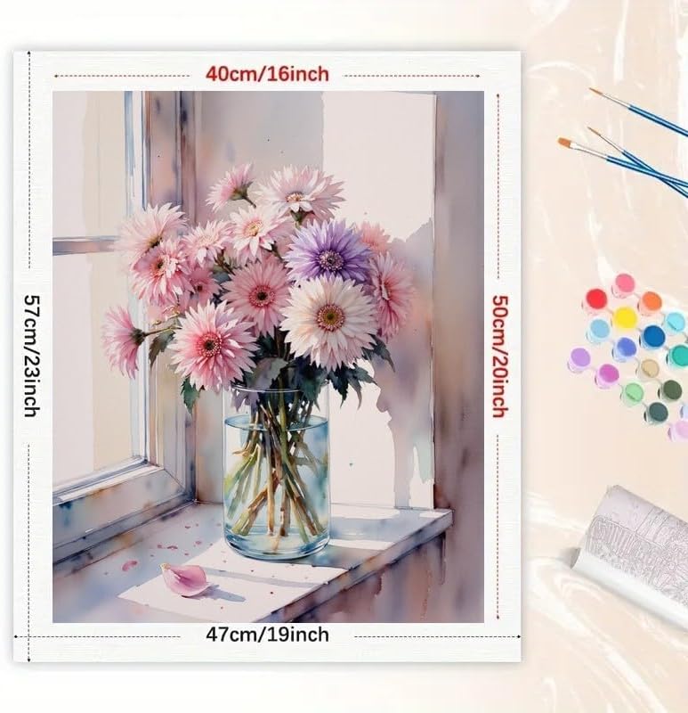 Floral Paint by Numbers Kit for Adults - DIY Pink and Purple Daisies in Glass Vase Painting on Canvas 16x20 Inches, Acrylic Paint Set, Suitable for Beginners, Art for Home Decoration or Gifts - Image 2
