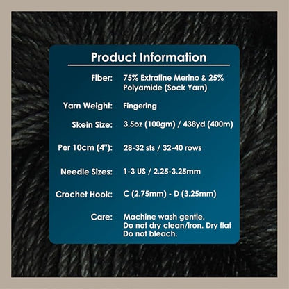 KnitPro Symfonie Hand Dyed Yarn | Extra Fine Merino Wool & Polyamide Blend for Knitting & Crocheting, Fingering Weight, Oeko-TEX Certified 400m, 100g Skein | Terra Semi-Solid Black Pepper