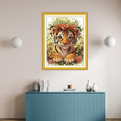 Qeerysew Cross Stitch Kits Stamped Full Range of Embroidery Starter Kits for Beginners DIY - Printed Kit Tiger with a Garland of Flowers (Printed) 11CT18.5x23.6 inches