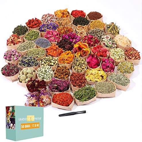 SACATR Dried Flowers, 50 Bags 100% Natural Dried Herbs Kit for Soap Making, Candle, Resin Jewelry Making, Bath, Nail - Include Rose Petals, Rosebuds, Lilium, Jasmine, Don't Forget Me and More by SACATR