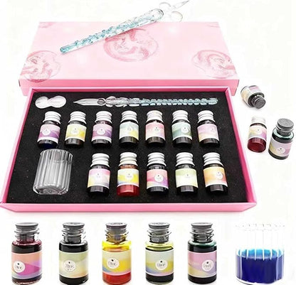 ASXMA Calligraphy Dip Pen Set - 12 Colorful Inks, 2 glass pens Pen Holder, Glass, Crystal Pen for Art Writing, Drawing, Signatures, Decoration,Holiday Gift Set Calligraphy Beginners