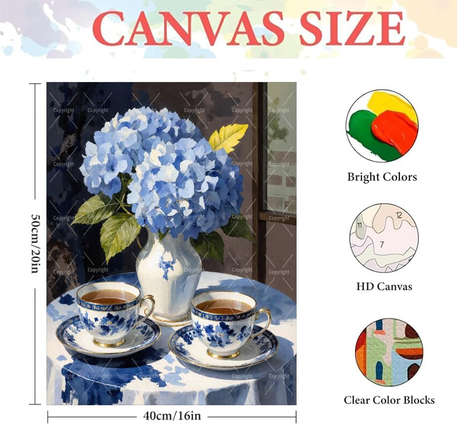 Floral Paint By Numbers Kit For Adults - Diy Blue Hydrangea Tea Cups Painting On Canvas 16X20 In, Acrylic Paint Set, Suitable For Beginners, Wall Art Decor Art For Home Decoration Or Gifts, Unframed - Image 2
