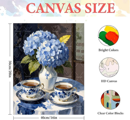 Floral Paint By Numbers Kit For Adults - Diy Blue Hydrangea Tea Cups Painting On Canvas 16X20 In, Acrylic Paint Set, Suitable For Beginners, Wall Art Decor Art For Home Decoration Or Gifts, Unframed - Image 2