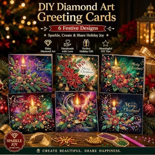 DIZAKIM 6-Piece Christmas-Themed Diamond Painting Greeting Card Set, DIY 5D Diamond Art Mosaic Christmas, Creative Handmade Postcards - Image 2