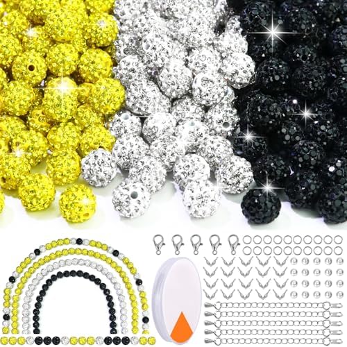 Dowarm 255PCS 10mm Rhinestone Beads for Baseball Rhinestone Necklace Bracelet Jewelry Making, Round Polymer Clay Beads for Crafts Beaded Pen, Shamballa Pave Disco Diamond Bead, Yellow|Black|White by Dowarm