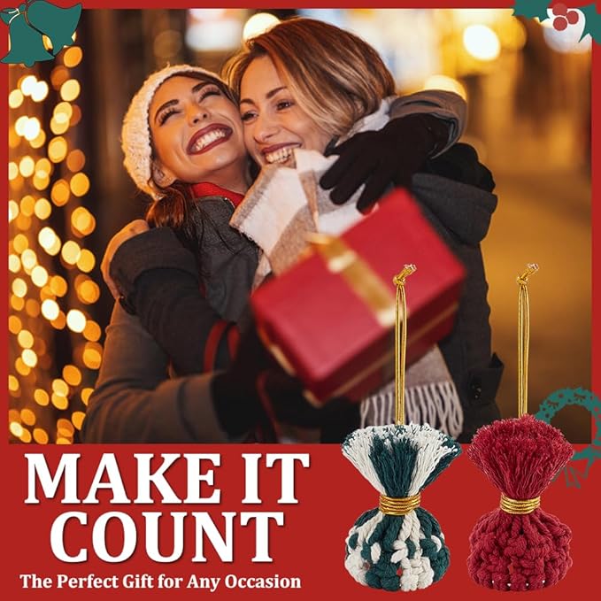 FREEBLOSS 6 Set Macrame Christmas Hat & Keychain DIY Kit with Instructions