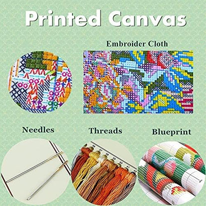 Joyhoor Cross Stitch Kits for Beginners Stamped Cross-Stitch Supplies Needlework preprint Embroidery Kits for Adults DIY Needlepoint Kit Embroidery Patterns 11CT- Rainbow-Colored Flowers 18x18 inch - Image 3