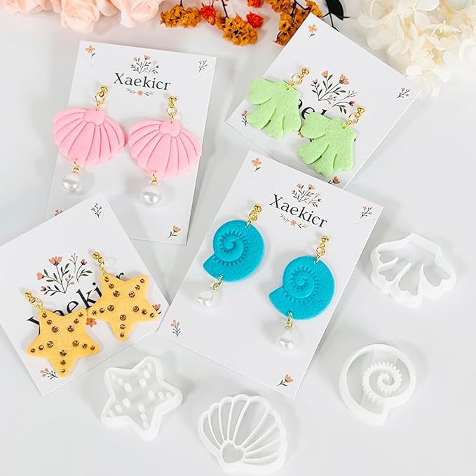 Xaekicr 4PCS Ocean Theme Polymer Clay Cutters Set – Starfish Seashell Clay Earring Cutters – Clay Tools for Polymer Clay Jewelry Making, Beach DIY Crafts Supplies