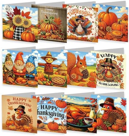 12 PCS Diamond Art Thanksgiving Cards with Envelopes, Thanksgiving Crafts for Adults, Fall Diamond Painting Kits for Card Making, Holiday DIY Kits (Orange) by Unknown