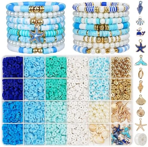 Gionlion Clay Beads for Bracelets, Blue Winter Clay Beads Bracelet Making kit with Golden Pearl Beads for Jewelry Making, Charms Bracelet Kit and Crafts DIY Gifts for Women by Gionlion