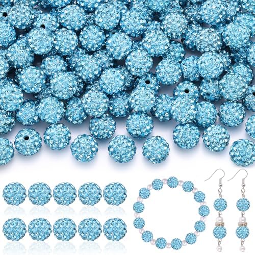 200pcs 10mm Rhinestone Beads for Jewelry Making, Aquamarine Shiny Round Disco Ball Beads Bulk, Sparkle Crystal Clay Christmas for Bracelet Baseball Necklace Earring Crafting and DIY by TINKRSTUFF