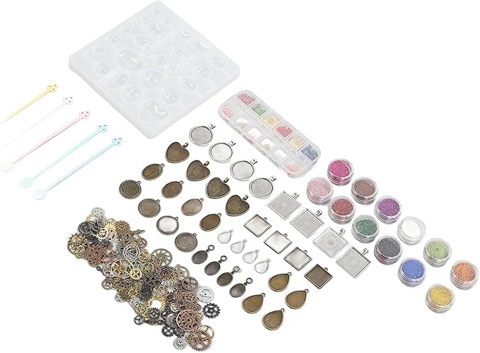 resins Jewelry Making Kit, DIY Pendant Silicone Kit with Dried Flowers and Gears, Reusable and to Demould, resins Mould Starter Kit for Beginners, Includes Various Sizes and Shap