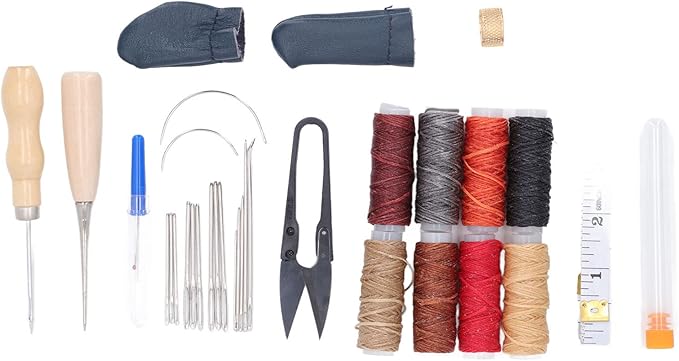 32Pcs Leather Craft Tools Kit, All in One Hand Sewing Kit for DIY Leather Goods Making, Stainless Steel Leather Working Tools with Wax Thread, Needles and Accessories for Beginners