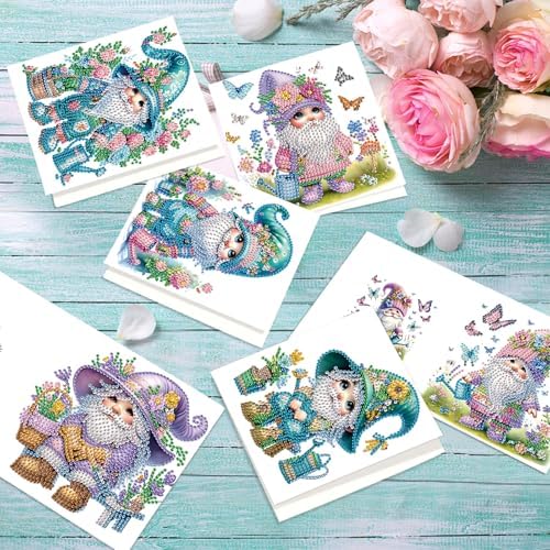Tontut 6pcs Diamond Painting Kit Greeting Card, Happy Gnome 5D DIY Diamond Handmade Holiday Greeting Card with Envelope, Christmas Gift Congratulation - Image 5