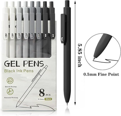 Piochoo Gel Pens, 8Pcs Quick Dry Black Ink Soft Touch Best Pen for Smooth Writing Journaling, Note Taking, School Supplies, Cute Office Pens for Men Nurse Aesthetic