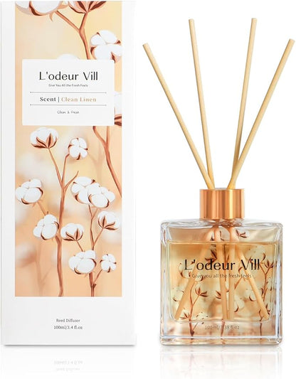 L'odeur Vill Reed Diffuser Set/Fresh Linen/3.38 fl.oz（100ML）/1 Pack with 6 Reed Sticks/Home Fragrance Diffuser, Oil Scent Diffuser for Bathroom Shelf Decor.