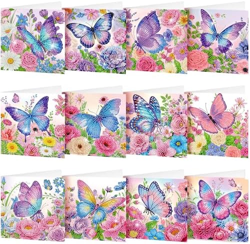 Saillong 12 Pack Butterfly Diamond Painting Greeting Card Kits Summer Diamond Art Cards with Envelopes Purple Butterfly Flowers 5D Rhinestones Painting Kits for Adults DIY Crafts Family Friend Gifts by Saillong