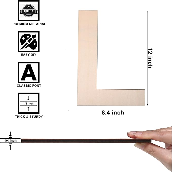 12 Inch Wooden Letter L, 1/4 Inch Thick Large Unfinished Wood Letter for DIY Crafts Home Wall Decor