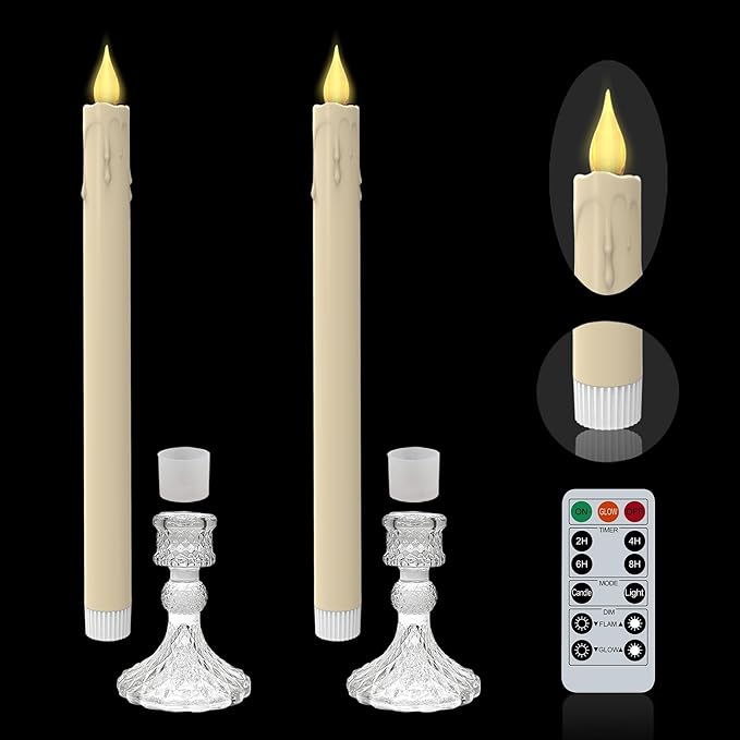 Flameless Taper Candles with Diamond Base Light - Hexagon Glass Holder, Remote Timer & Dimmer 2AA Battery Operated 500+ Hours for Thanksgiving/Xmas Decor, Wedding Centerpiece (Ivory, 2 Pack)