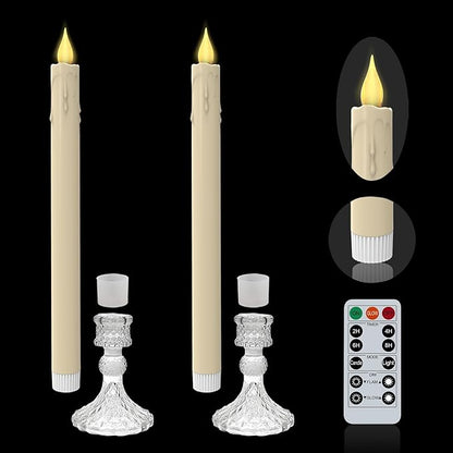 Flameless Taper Candles with Diamond Base Light - Hexagon Glass Holder, Remote Timer & Dimmer 2AA Battery Operated 500+ Hours for Thanksgiving/Xmas Decor, Wedding Centerpiece (Ivory, 2 Pack)