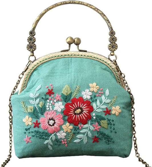 Gogobear Handmade DIY Embroidered Purse for Women Girls Beginners Embroidery Coin Purse Kits Lightblue Flowers