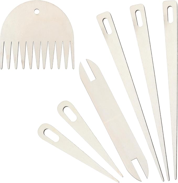 7 Pcs Wood Hand Loom Stick Set, Weaving Tools with 5 Wooden Weaving Crochet Needles, 1 Wooden Shuttle and Wood Weavings Comb for Knitted DIY Crafts Supplies