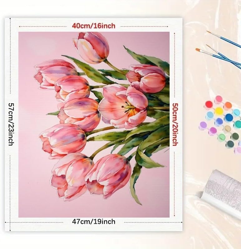 Floral Art Paint by Numbers Kit for Adults - DIY Pink Tulips Bouquet Painting on Canvas 16x20 Inches, Acrylic Paint Set, Suitable for Beginners, Flower Art for Home Decoration or Gifts. - Image 2