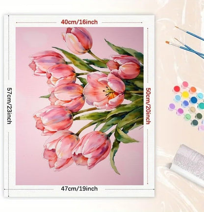 Floral Art Paint by Numbers Kit for Adults - DIY Pink Tulips Bouquet Painting on Canvas 16x20 Inches, Acrylic Paint Set, Suitable for Beginners, Flower Art for Home Decoration or Gifts. - Image 2