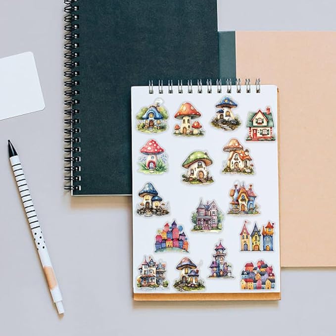 50PCS Fairy Tale Cottage Stickers – Waterproof Clear Stickers of Whimsical Fantasy Houses, Mushroom Homes & Vintage Storybook Buildings for Scrapbooking, Journaling, Art Crafts,Water Bottle, Laptop