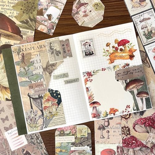 BoomTeck Vintage Scrapbooking Kit – Aesthetic Junk Journal Supplies with Scrapbook Paper, Washi Stickers, A6 Grid Notebook, DIY Craft Journaling Gift Set for Teens & Adults (Mushroom Theme) - Image 5