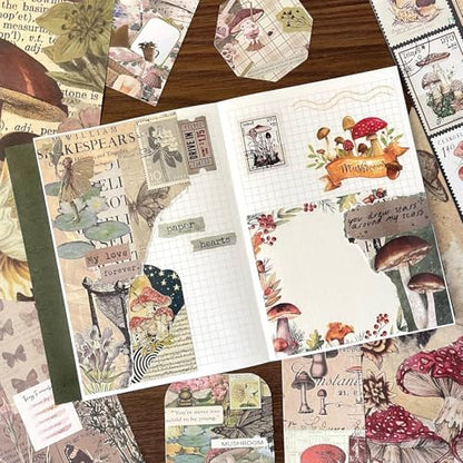 BoomTeck Vintage Scrapbooking Kit – Aesthetic Junk Journal Supplies with Scrapbook Paper, Washi Stickers, A6 Grid Notebook, DIY Craft Journaling Gift Set for Teens & Adults (Mushroom Theme) - Image 5